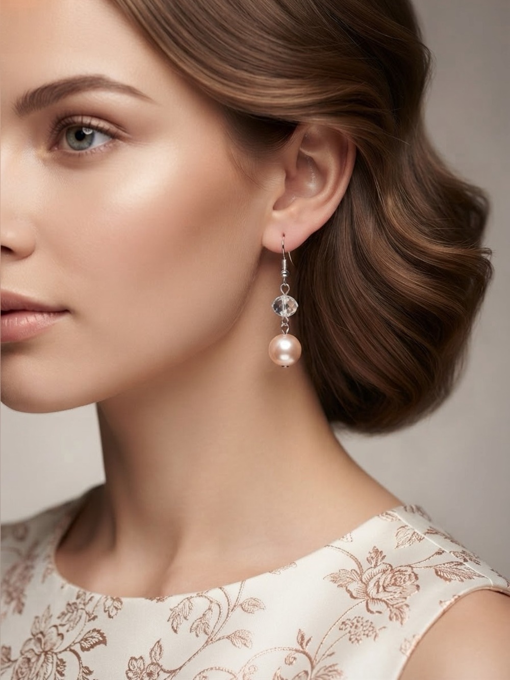 Pink Peach Faux Pearl Earrings | Clear Crystal Dangle Earrings